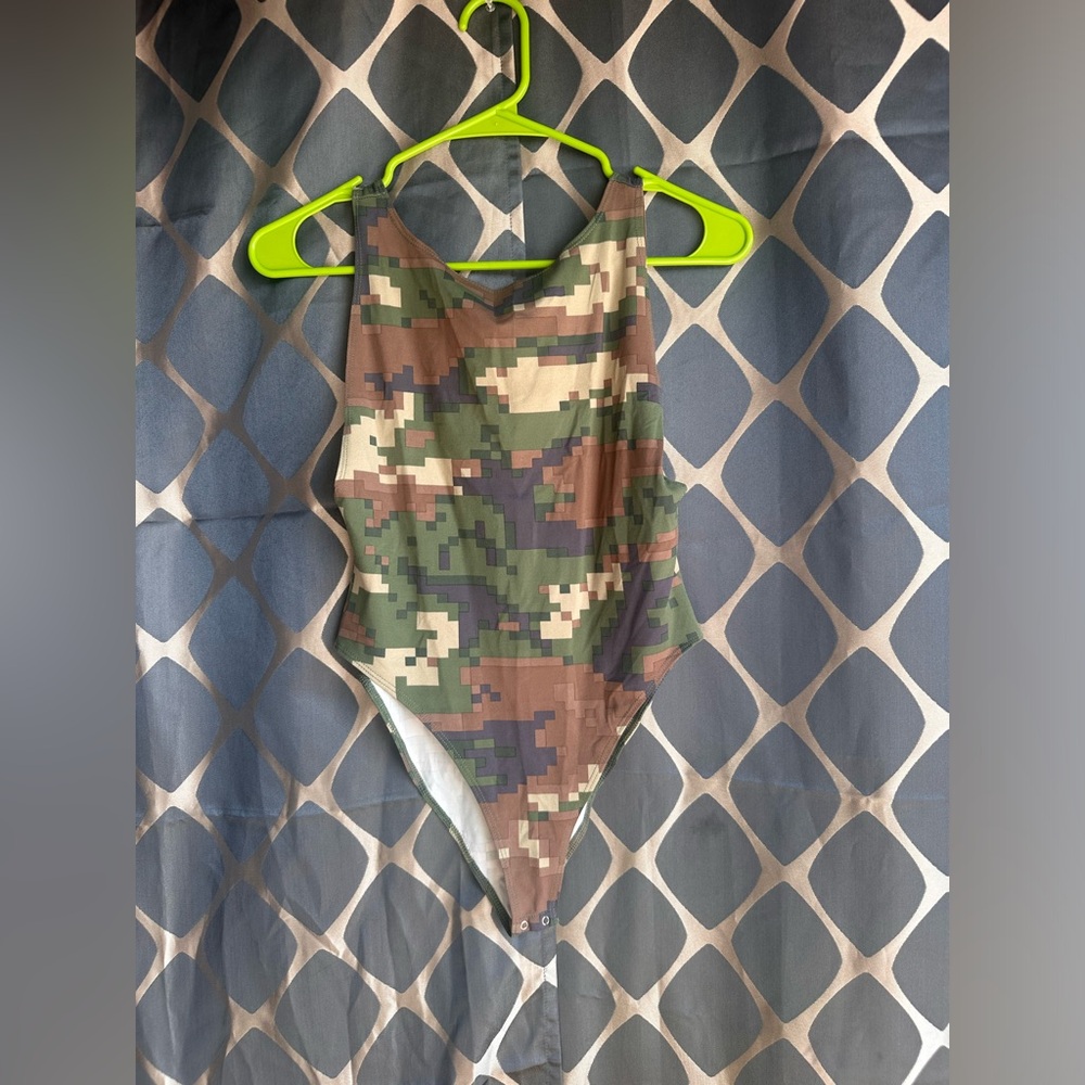 Forever 21 green digital, camo medium low back bodysuit woman one piece